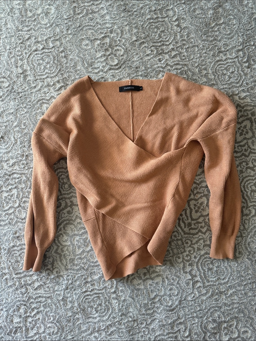 Fashion Nova Camel Wrap V-Neck Ribbed Sweater
